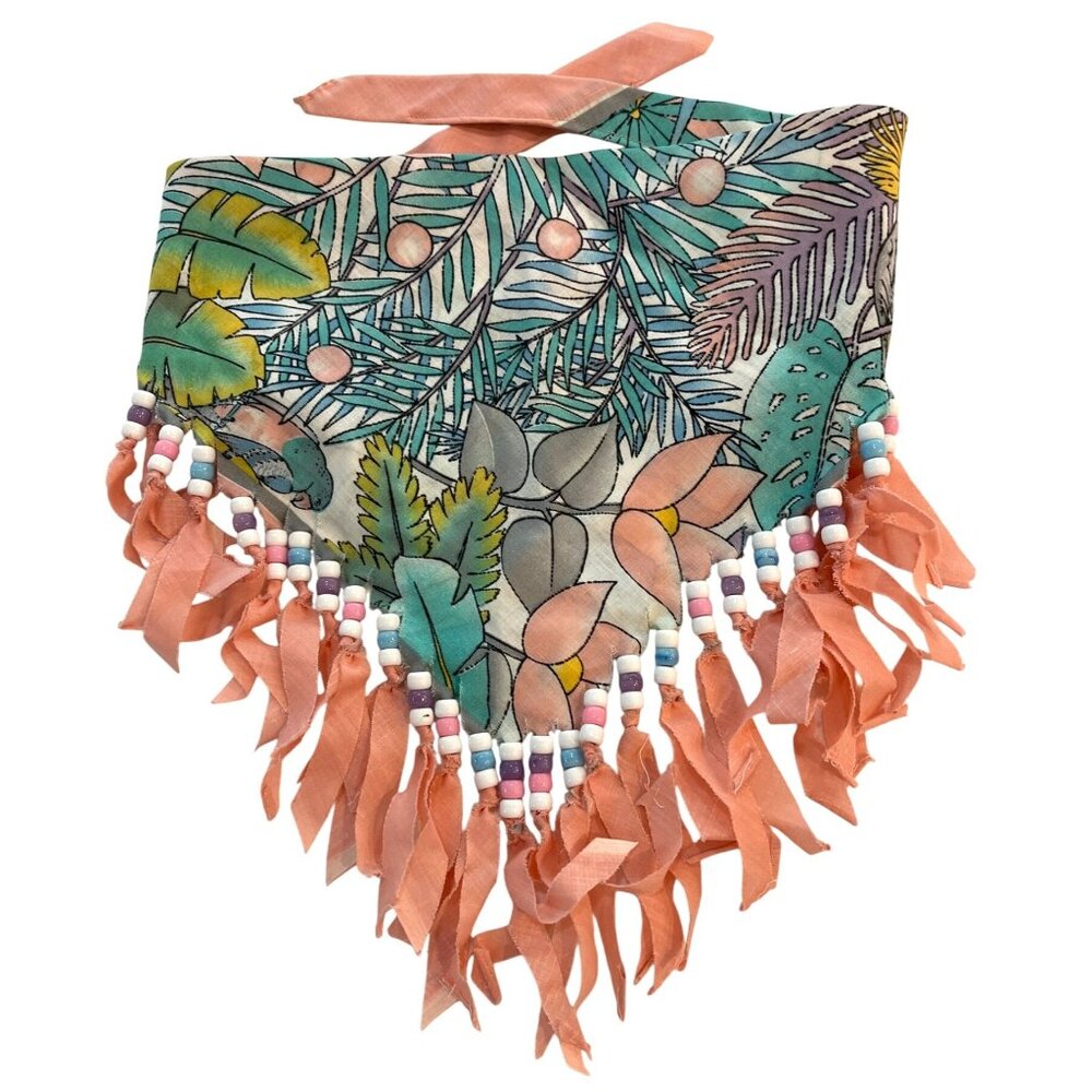 Vintage Tropical Pink Floral Bandana Scarf Neckerchief Beaded Fringe Tie Closure